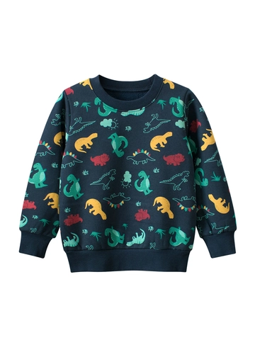 Kids Boys Cartoon Dinosaur All-over Print Fleece Lined Sweatshirt Warm Long Sleeve Crew Neck Pullover Top