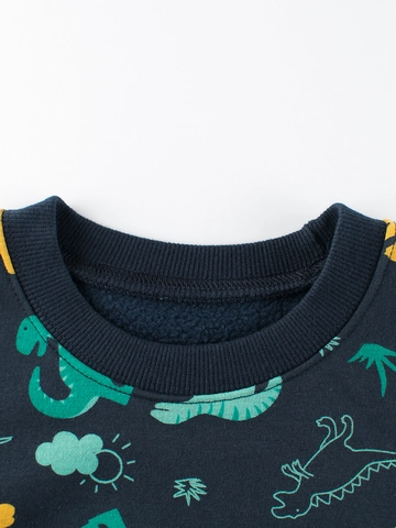 Kids Boys Cartoon Dinosaur All-over Print Fleece Lined Sweatshirt Warm Long Sleeve Crew Neck Pullover Top