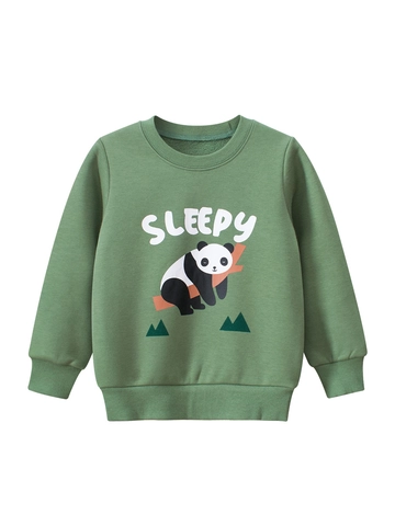 Sudadera de Felpa para Niños Estampado de Panda de Dibujos Animados Manga Larga Cuello Redondo Jersey Top Verde Mezcla de Algodón Ropa Casual para Niños