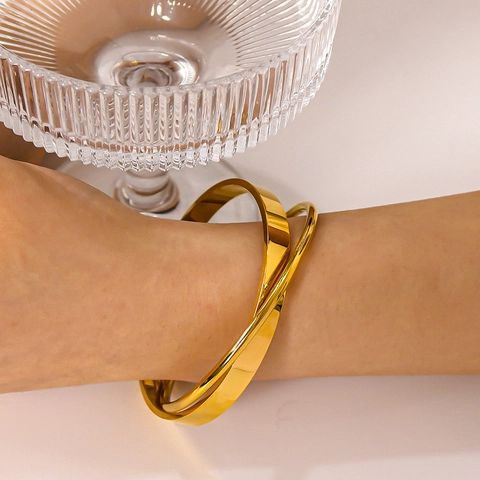 Minimalistische In elkaar Grijpende Dubbele Ring Brede Bangle Roestvrij Staal 18K Verguld Geometrische Sieraden