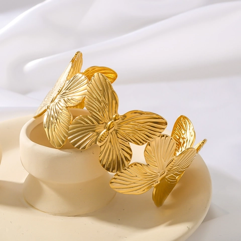 Hollow Butterfly Cuff Bracelet 18K Gold Plated Stainless Steel Exaggerated Adjustable Bangle Jewelry For Women Statement
