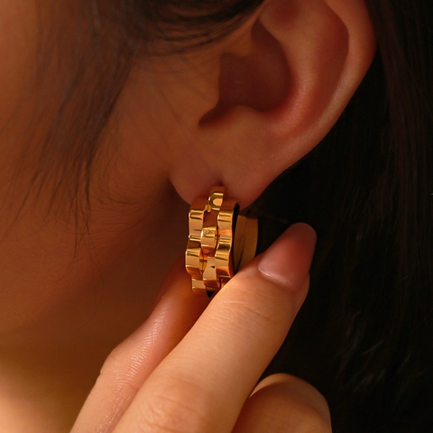 Chunky C-Shape Earrings Stainless Steel 18K Gold Plated Irregular Track Chain Texture Geometric Hip Hop Style Women