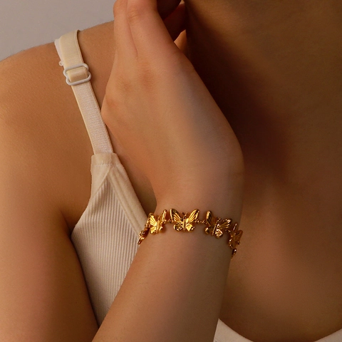 Vlinder Sieraden Inclusief Armband En Oorknopjes Roestvrij Staal 18K Verguld Getextureerd Elegant Mode Accessoire Voor Dames