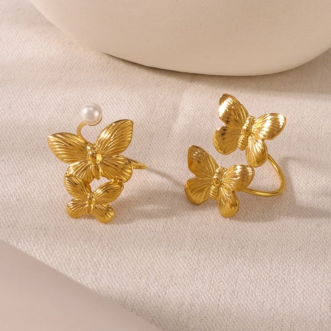 Butterfly Rings Stainless Steel 18K Gold Plated Faux Artificial Pearl Hollow Out Carved Trendy Elegant Jewelry For Women