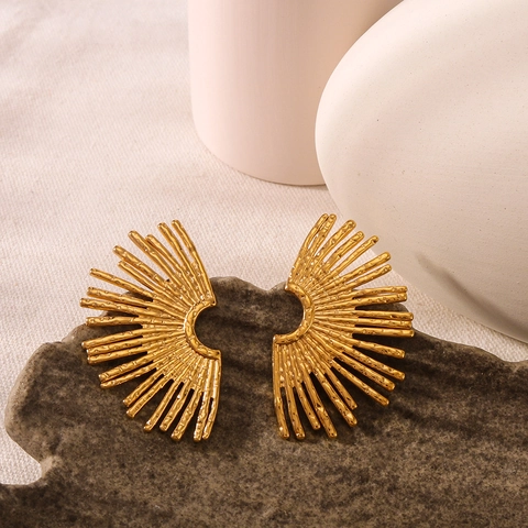 Orecchini A Ventaglio In Acciaio Inossidabile Placcato Oro 18K Consistenza Martellata Geometrico Stile Moderno Minimalista