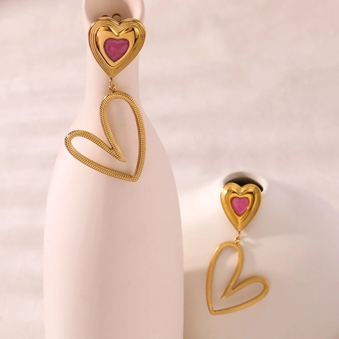 Herz Hängerohrringe Edelstahl 18K Vergoldet Rosa Emaille Inlay Unregelmäßige Form Mode Schmuck Für Frauen