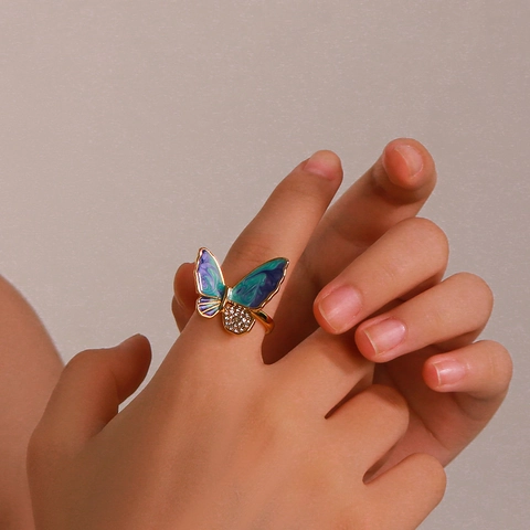 Schmetterling Ring Edelstahl 18K Vergoldet Emaille Strass Verstellbar Blau Violett Elegant Schmuck Damen