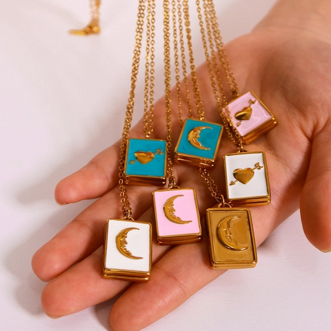 Stainless Steel Pendant Necklace 18K Gold Plated Enamel Heart Moon Book Design Retro Jewelry For Women