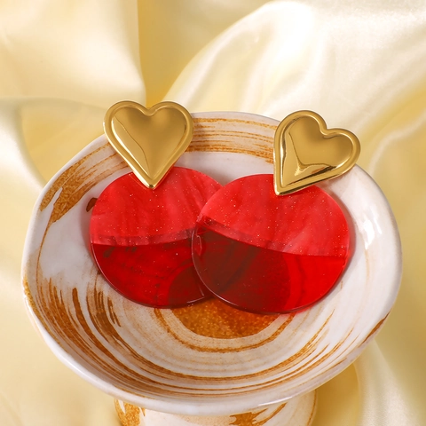 Heart Drop Earrings 18K Gold Plated Stainless Steel Red Acrylic Double Circle Dangle For Women Fashion Exaggerated Jewelry
