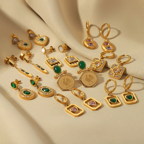 Französische Vintage Edelstahl Zirkonia Ohrringe 18K Vergoldet Herz Münze Hängeohrringe Für Damen Mode Schmuck Geschenk