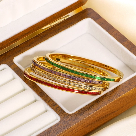Bracciale Rigido In Acciaio Inossidabile Da Donna Con Zircone Rettangolare Gioielli Minimalisti Vintage Francesi Colorati Chiusura