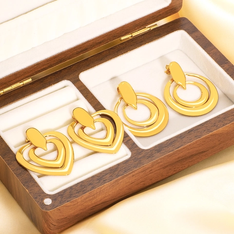 Boucles D'Oreilles Pendantes Géométriques En Acier Inoxydable Multi Couches Cœur Circulaire Creux Plaqué Or 18K