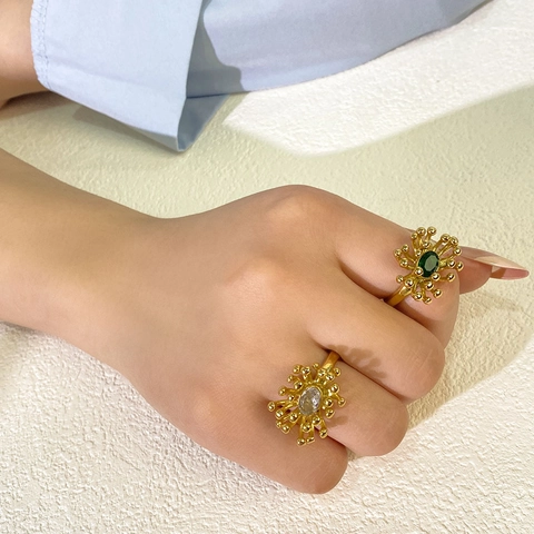 Stainless Steel Rings With Oval Zircon Hollow Coral Sunburst Design Vintage French Style Fashion Jewelry For Women