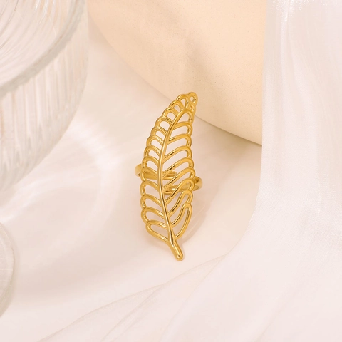 Hollow Leaf Feather Texture Open Ring 18K Gold Plated Stainless Steel Waterproof Hypoallergenic Minimalist Jewelry For Women