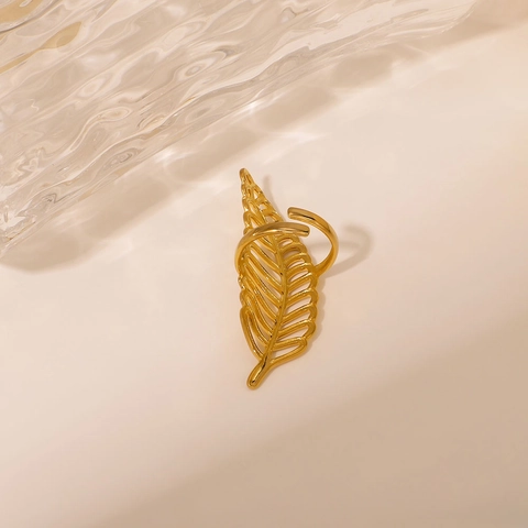 Hollow Leaf Feather Texture Open Ring 18K Gold Plated Stainless Steel Waterproof Hypoallergenic Minimalist Jewelry For Women