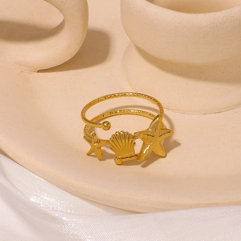 Anello Aperto Regolabile Con Ciondoli Stella Marina E Conchiglia In Acciaio Inossidabile Placcato Oro 18 Carati Per Donna