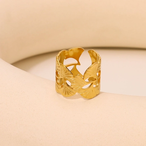 Ginkgo Leaf Hollow Ring Stainless Steel 18K Gold Plated Open Adjustable Elegant Jewelry For Women Hypoallergenic