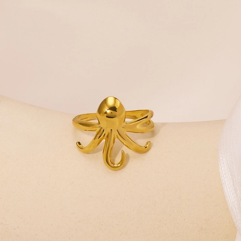 Oktopus Ring Vergoldet Edelstahl Verstellbar Offen Meerestier Polierter Schmuck Für Damen Geschenk