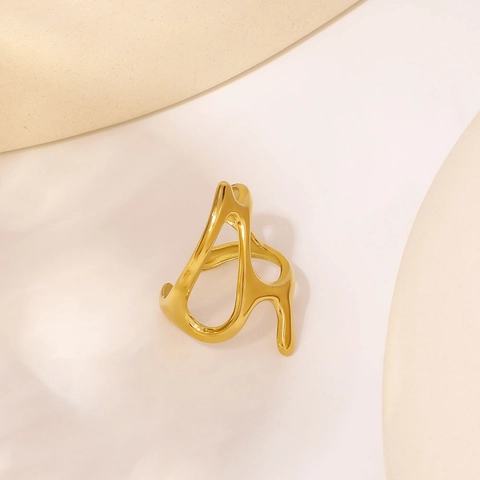 Liquid Stainless Steel Ring Irregular Geometric Hollow 18K Gold Plated Open Adjustable Ring Women Minimalist Modern Style