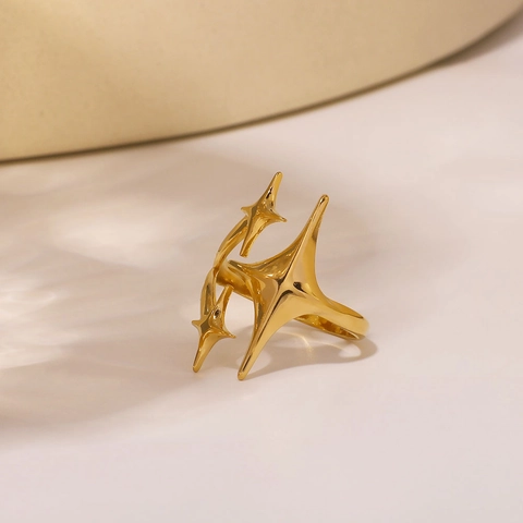 Asymmetrischer Sternenring Offen Edelstahl Vergoldet Lagendesign Geometrisch Verstellbarer Fingerschmuck Damen