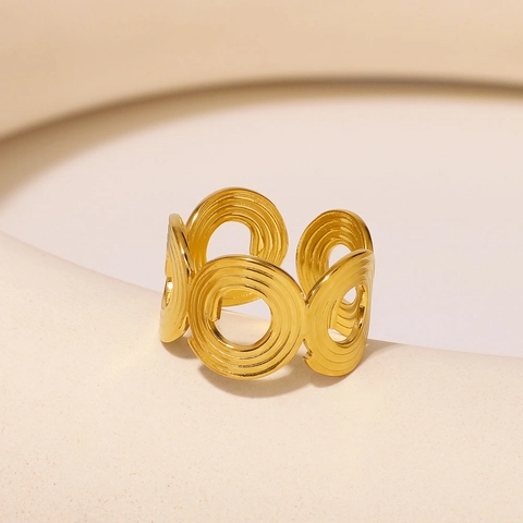 Hollow Geometric Spiral Ring Stainless Steel 18K Gold Plated Textured Round Disk Adjustable Open Ring For Women
