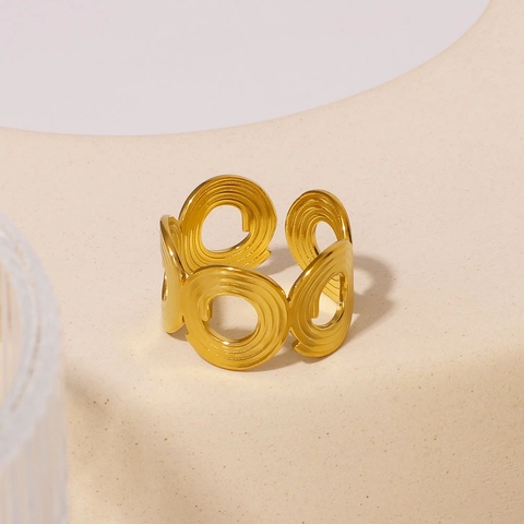Hollow Geometric Spiral Ring Stainless Steel 18K Gold Plated Textured Round Disk Adjustable Open Ring For Women