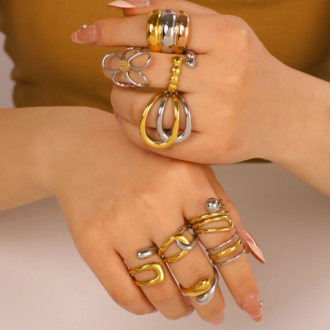 Edelstahl Ringe Für Frauen Verstellbar Offen Geometrisch Hohl Unregelmäßig Mehrlagig Blumendesign Vergoldet Schmuck