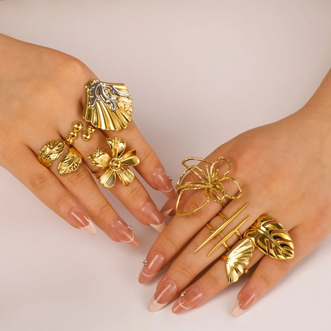 Stainless Steel Gold Plated Ring Starfish Leaf Shell Adjustable Open Ring For Women Waterproof Hypoallergenic Fashion