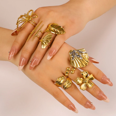 Stainless Steel Gold Plated Ring Starfish Leaf Shell Adjustable Open Ring For Women Waterproof Hypoallergenic Fashion