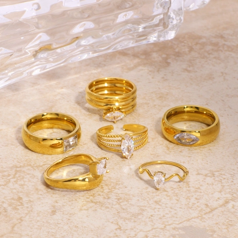 Geometric Cubic Zirconia Rings Stainless Steel Gold Plated Waterproof Hypoallergenic Ins Style Minimalist Jewelry For Women