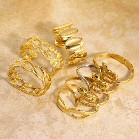 18K Gold Plated Stainless Steel Open Cuff Bracelet For Women Vintage Punk Snake Flower Geometric Jewelry Waterproof Bangles