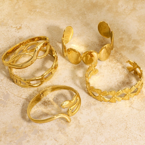 18K Gold Plated Stainless Steel Open Cuff Bracelet For Women Vintage Punk Snake Flower Geometric Jewelry Waterproof Bangles