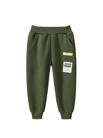 Παιδικό Casual Παντελόνι Jogger Με Φλις Επένδυση Μείγμα Βαμβακιού Στρατιωτικό Πράσινο Τύπωμα Γράμματα Ελαστική Μέση
