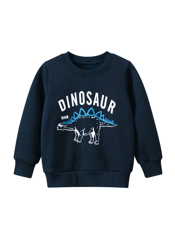 Boys Fleece Sweatshirt Long Sleeve Pullover Cartoon Dinosaur Print Cotton Blend Crew Neck Casual Warm Top For Children