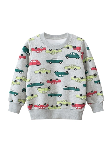 Jungen Fleece Gefüttert Sweatshirt Cartoon Auto Druck Baumwollmischung Langarm Rundhals Herbst Winter Warm Pullover Top