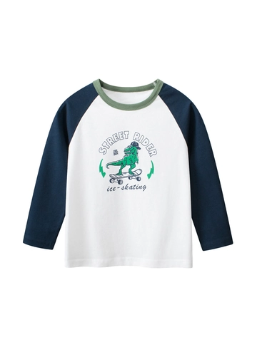 Maglietta a Maniche Lunghe Raglan da Ragazzo 100% Cotone Stampa Cartone Animato Dinosauro Skateboard Girocollo Top