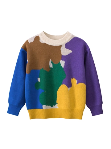 Suéter De Punto Para Niños Puro Algodón Cuello Redondo Bloque De Color Abstracto Manga Larga Casual Suave Pulóver
