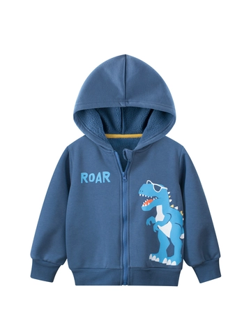 Boys Hooded Jacket Fleece Lined Warm Cartoon Dinosaur Zipper Coat Autumn Winter Outerwear For Kids Toddler