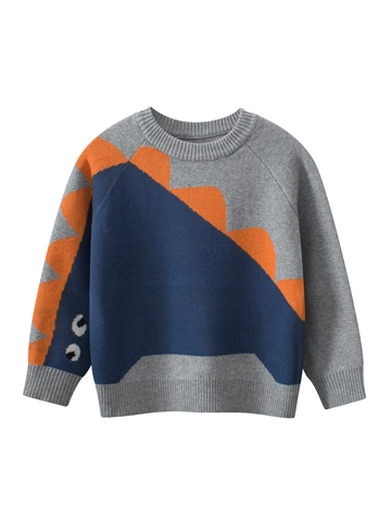 Jongens Gebreide Trui Van Puur Katoen Met Cartoon Dino Patroon Lange Mouwen Ronde Hals Herfst Winter Gebreide Kleding