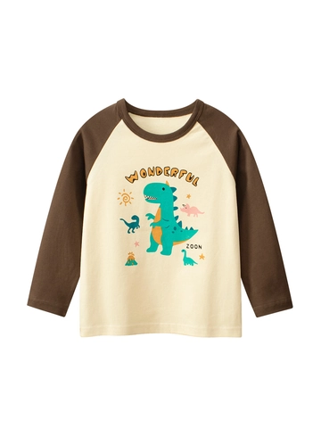 Boys Long Sleeve T-Shirt Pure Cotton Raglan Sleeves Cartoon Dinosaur Print Soft Crew Neck Casual Top For Kids