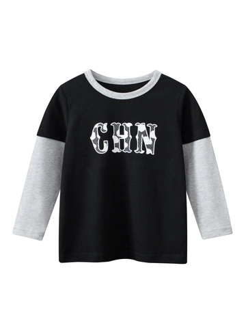 Jongens T-Shirt Met Lange Mouwen Katoen Fake Two Piece Ronde Hals Letterprint Peuter Kids Top