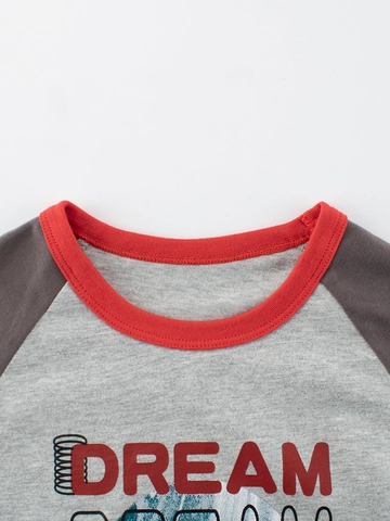 Boys 100% Cotton Long Sleeve T-Shirt Korean Style Raglan Sleeve Contrast Color Cartoon Print Round Neck Casual Kids Top