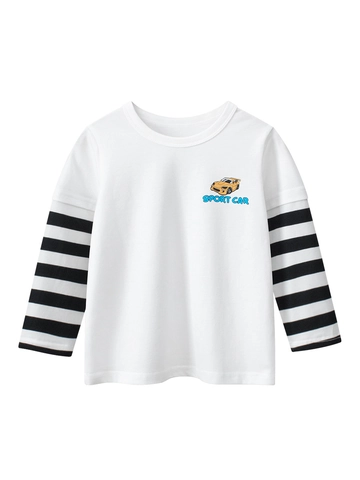 Jongens T-shirt Lange Mouwen Katoen Gelaagde Look Gestreepte Mouwen Cartoon Sportwagen Print Casual Ronde Hals Top