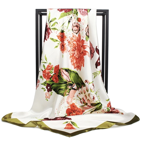 Elegant Floral Print Imitation Satin Square Scarf Retro Ink Painting Satin Headwrap For Women Accessory