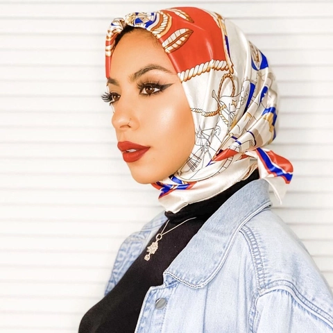 Nautische Print Vierkante Sjaal Satijn KunstSatijn Hoofddoek Hijab Frans Elegant Retro Anker Ketting Patroon Dames Accessoire