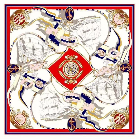 Nautische Print Vierkante Sjaal Satijn KunstSatijn Hoofddoek Hijab Frans Elegant Retro Anker Ketting Patroon Dames Accessoire