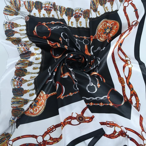 Elegant Square Scarf Satin Satin Like Chain Print Equestrian Horse Bit Retro Vintage Luxury Shawl Wrap For Women