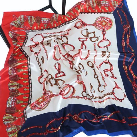 Elegant Square Scarf Satin Satin Like Chain Print Equestrian Horse Bit Retro Vintage Luxury Shawl Wrap For Women