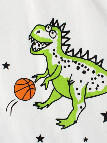 Boys Long Sleeve T-Shirt Cartoon Dinosaur Print Faux Two-Piece Striped Sleeve Cotton Round Neck Fall Kids Pullover Top