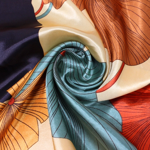 Women's Elegant Satin Square Scarf 90cm Silk Feeling Vintage Botanical Leaf Print Headscarf Fashion Shawl Beach Sunscreen Wrap